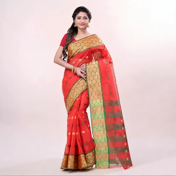 Red_Green_Cotton_Tant_Handloom_Zari_Saree_For_Women