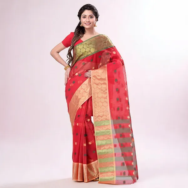 Green_Red_Cotton_Handloom_Tant_Zari_Saree_For_Women