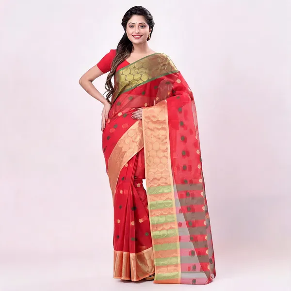 Green_Red_Cotton_Handloom_Tant_Zari_Saree_For_Women
