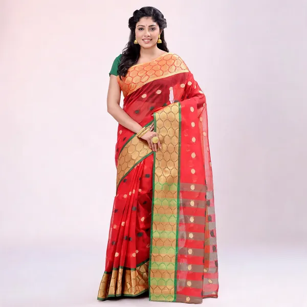 Golden_Red_Green_Cotton_Tant_Handloom_Zari_Saree_For_Women