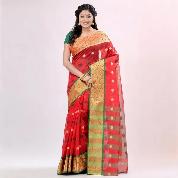 Golden_Red_Green_Cotton_Tant_Handloom_Zari_Saree_For_Women