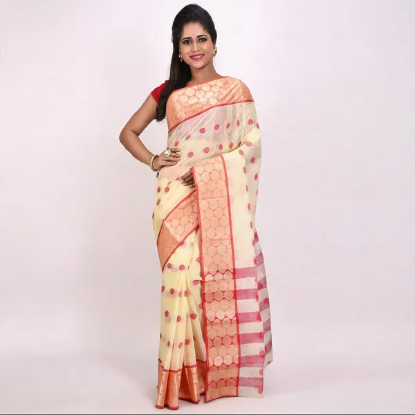 Off_White_Red_Cotton_Tant_Handloom_Zari_Saree_For_Women