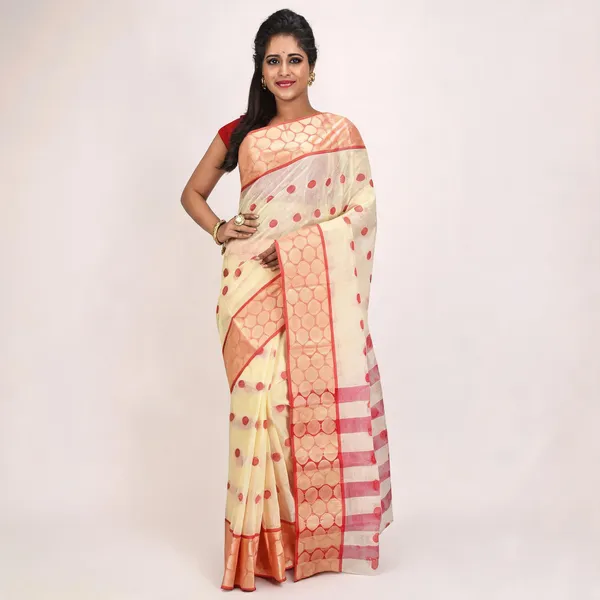 Off_White_Red_Cotton_Tant_Handloom_Zari_Saree_For_Women