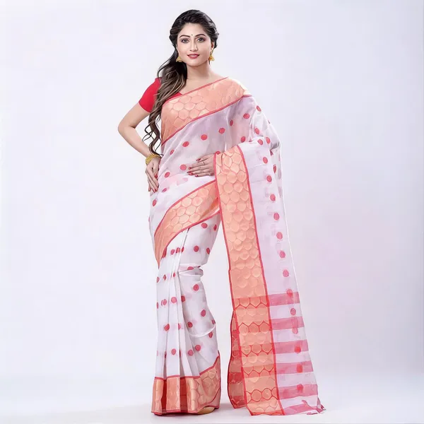 Red_White_Cotton_Handloom_Tant_Zari_Border_Saree_For_Women