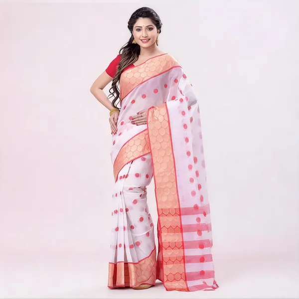 Red_White_Cotton_Handloom_Tant_Zari_Border_Saree_For_Women