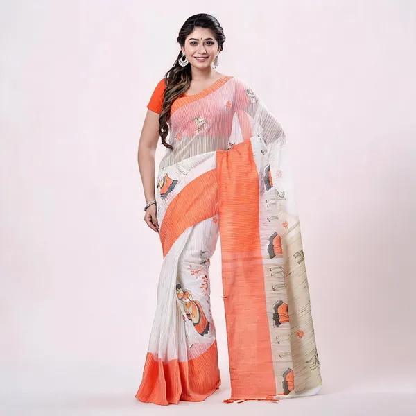 Orange_White_Cotton_Handloom_Saree_With_Blouse_Piece_For_Women