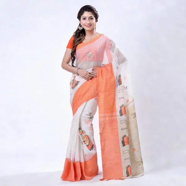 Orange_White_Cotton_Handloom_Saree_With_Blouse_Piece_For_Women