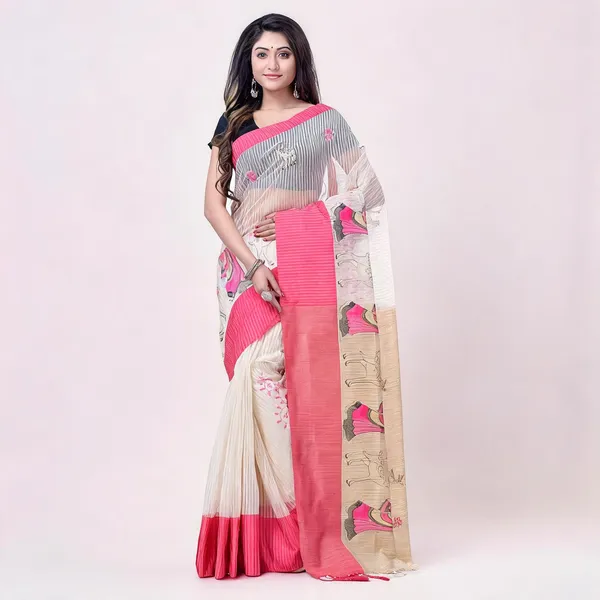 Pink_White_Cotton_Handloom_Saree_With_Blouse_Piece_For_Women