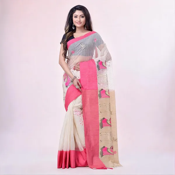 Pink_White_Cotton_Handloom_Saree_With_Blouse_Piece_For_Women