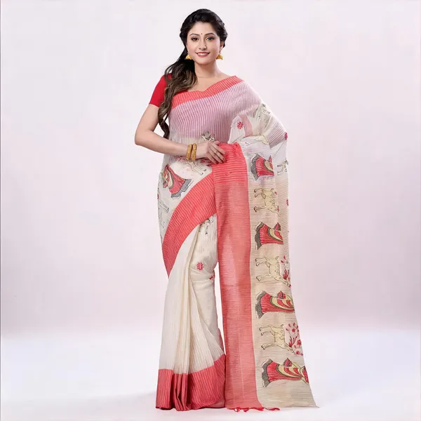 Red_White_Cotton_Handloom_Saree_With_Blouse_Piece_For_Women