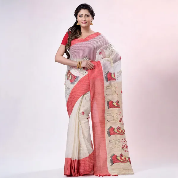 Red_White_Cotton_Handloom_Saree_With_Blouse_Piece_For_Women