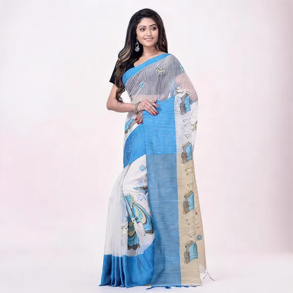 Blue_White_Cotton_Handloom_Tant_Saree_With_Blouse_Piece_For_Women