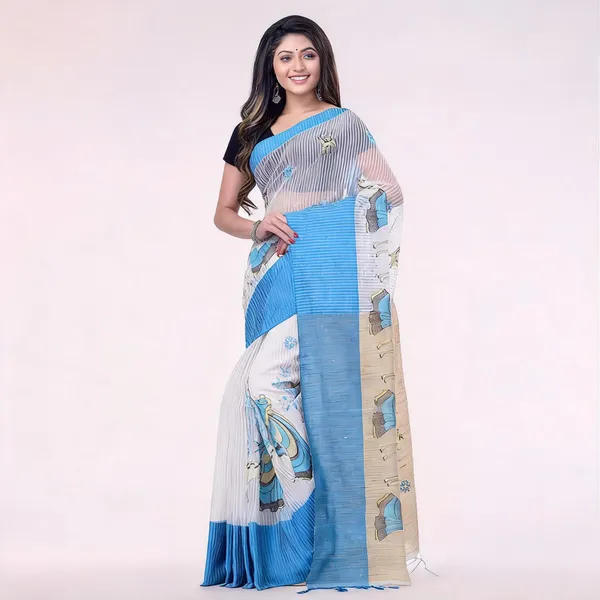 Blue_White_Cotton_Handloom_Tant_Saree_With_Blouse_Piece_For_Women