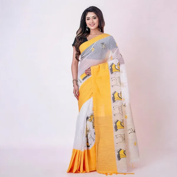 Yellow_White_Cotton_Handloom_Saree_With_Blouse_Piece_For_Women