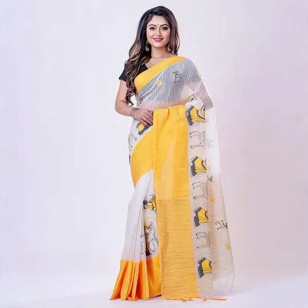Yellow_White_Cotton_Handloom_Saree_With_Blouse_Piece_For_Women