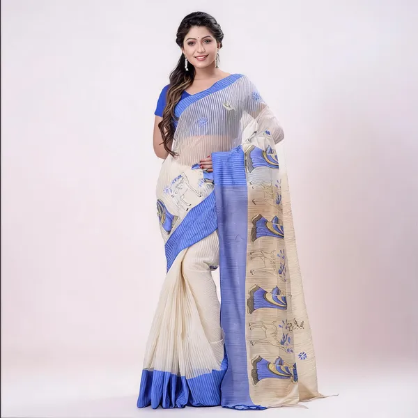 Deep_Blue_White_Cotton_Tant_Handloom_Saree_With_Blouse_For_Women