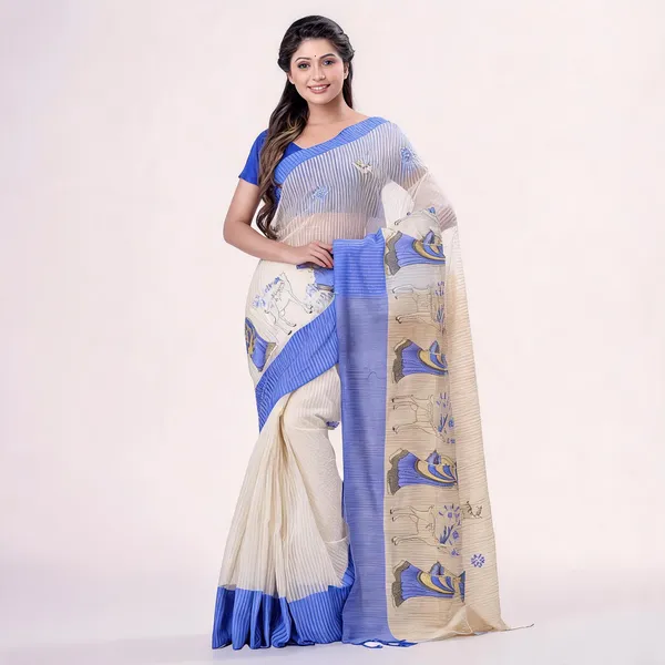 Deep_Blue_White_Cotton_Tant_Handloom_Saree_With_Blouse_For_Women