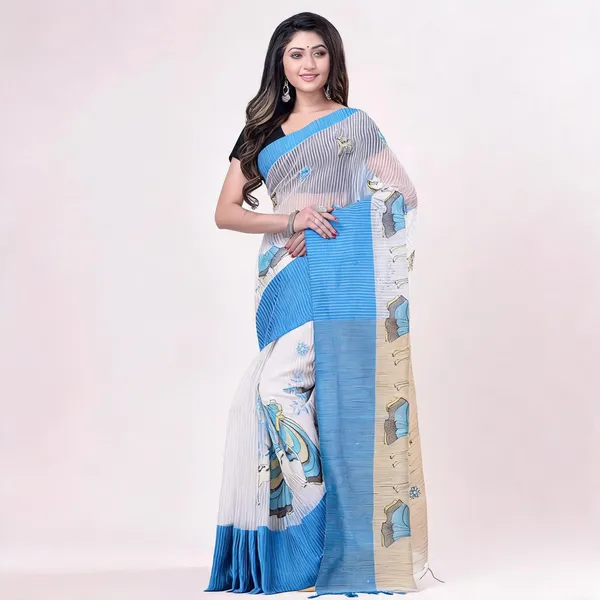 Blue_White_Cotton_Handloom_Saree_With_Blouse_Piece_For_Women