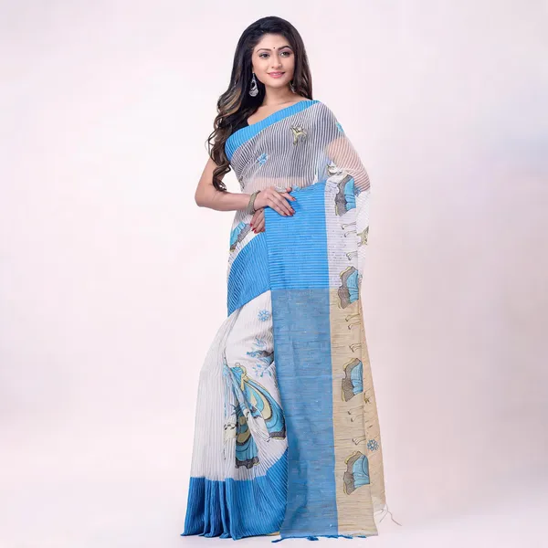 Blue_White_Cotton_Handloom_Saree_With_Blouse_Piece_For_Women
