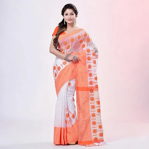 Orange_Cotton_Handloom_Tant_Saree_With_Blouse_Piece_For_Women