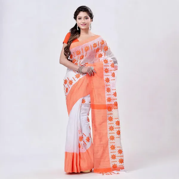 Orange_Cotton_Handloom_Tant_Saree_With_Blouse_Piece_For_Women