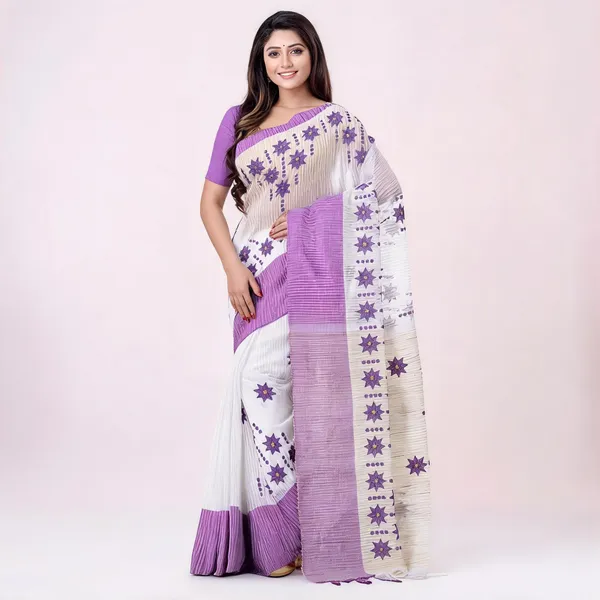 Purple_Cotton_Handloom_Bengali_Tant_Saree_With_Blouse_For_Women