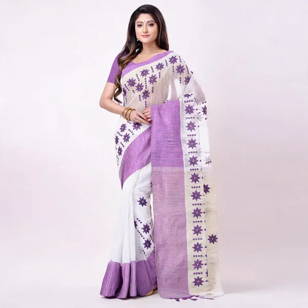 Purple_Cotton_Handloom_Bengali_Tant_Saree_With_Blouse_For_Women