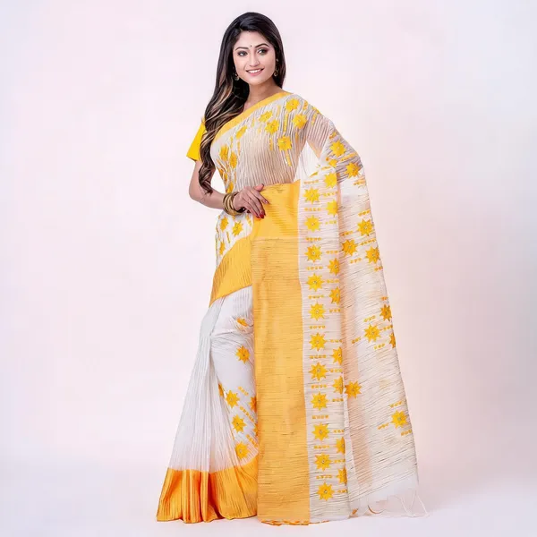 Yellow_Cotton_Handloom_Star_Print_Saree_With_Blouse_Piece_For_Women