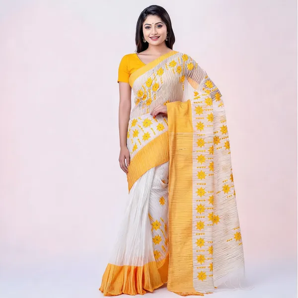 Yellow_Cotton_Handloom_Star_Print_Saree_With_Blouse_Piece_For_Women