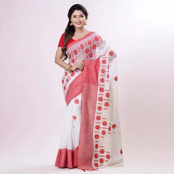 Red_Cotton_Handloom_Star_Print_Saree_With_Blouse_Piece_For_Women
