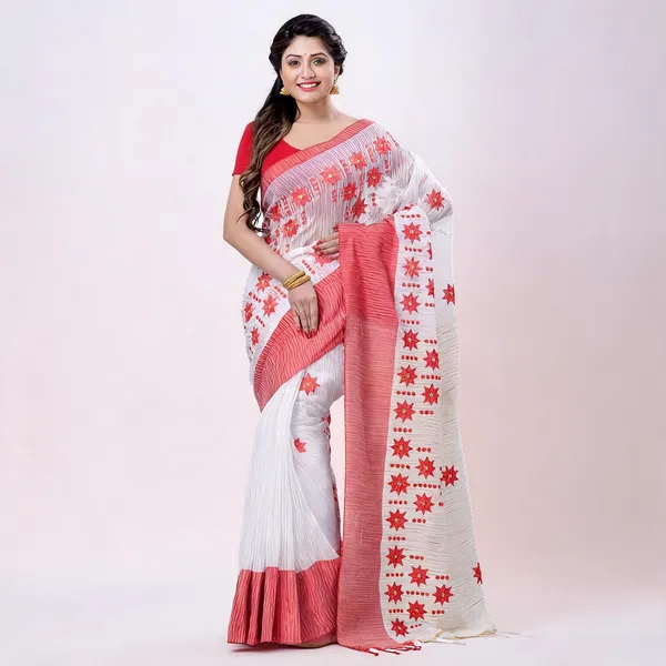 Red_Cotton_Handloom_Star_Print_Saree_With_Blouse_Piece_For_Women