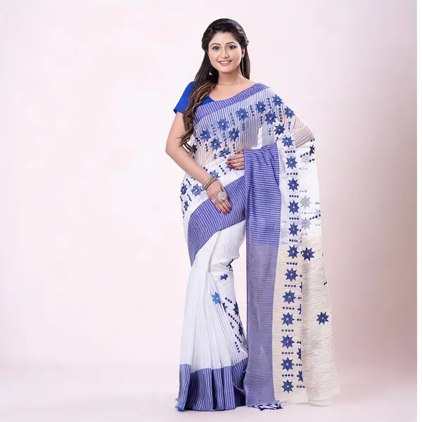 Blue_Cotton_Handloom_Star_Print_Saree_With_Blouse_Piece_For_Women