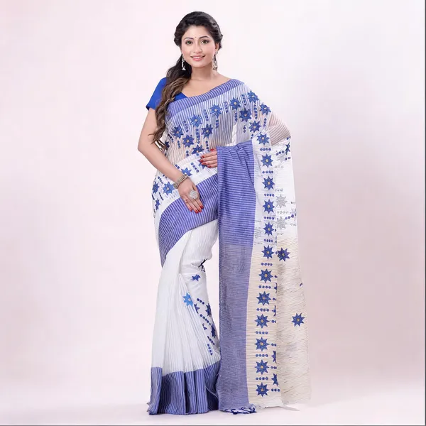 Blue_Cotton_Handloom_Star_Print_Saree_With_Blouse_Piece_For_Women