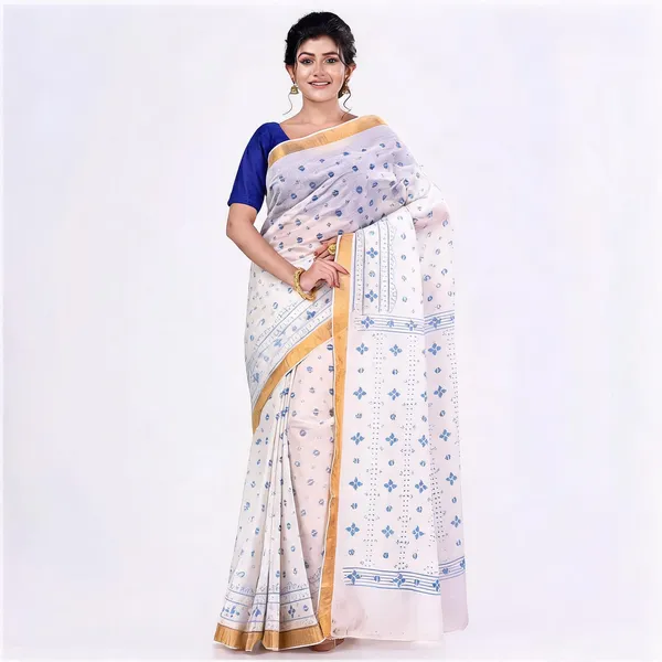 White_Blue_Cotton_Floral_Handloom_Saree_For_Women