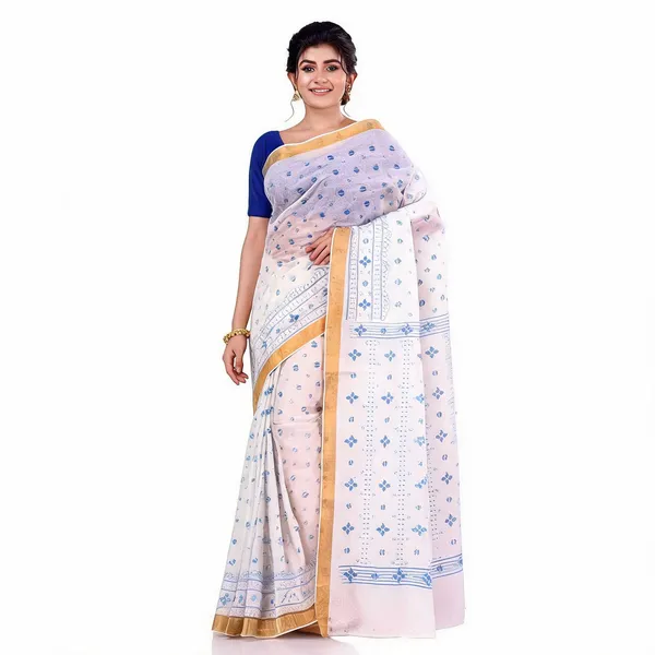 White_Blue_Cotton_Floral_Handloom_Saree_For_Women
