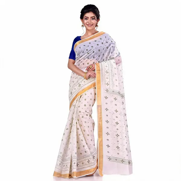 White_Golden_Cotton_Handloom_Tant_Saree_For_Women
