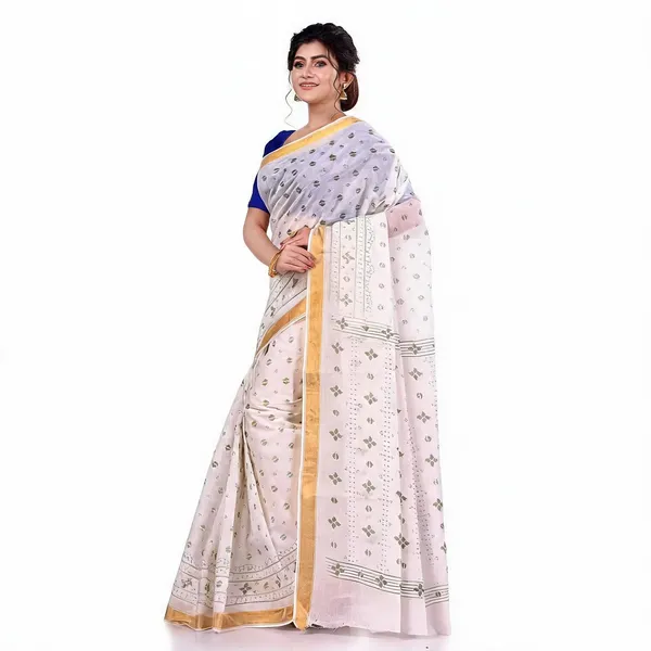 White_Golden_Cotton_Handloom_Tant_Saree_For_Women