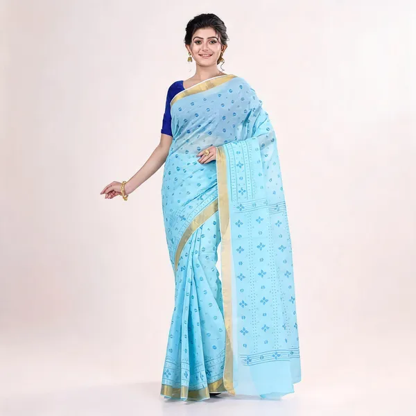Blue_Cotton_Floral_Handloom_Saree_For_Women