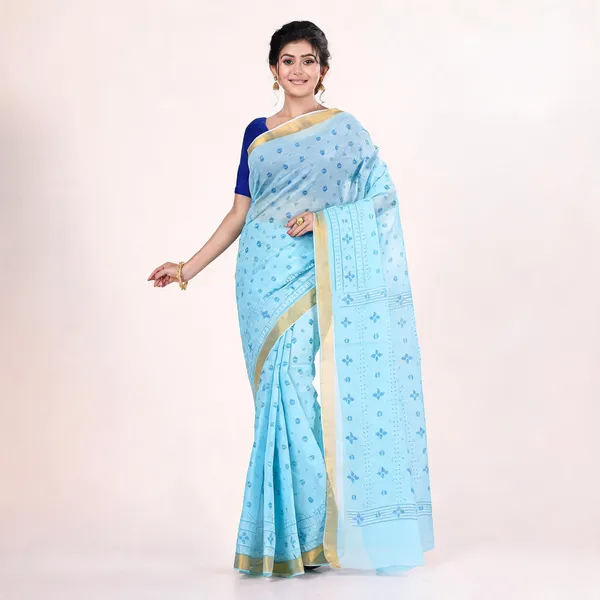 Blue_Cotton_Floral_Handloom_Saree_For_Women