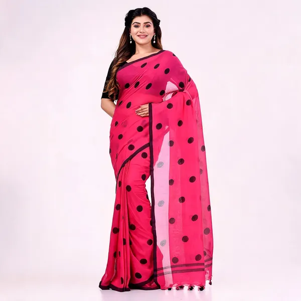 Magenta_Black_Mulmul_Cotton_Printed_Polka_Dot_Handloom_Saree_For_Women