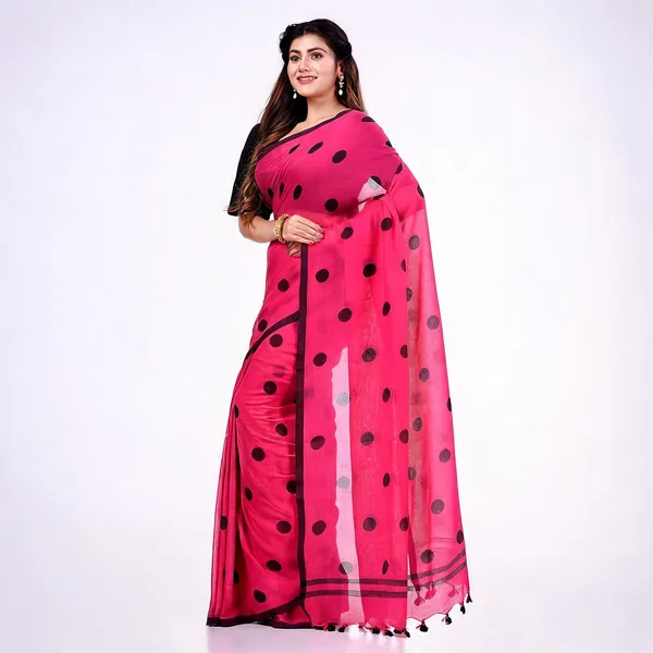 Magenta_Black_Mulmul_Cotton_Printed_Polka_Dot_Handloom_Saree_For_Women