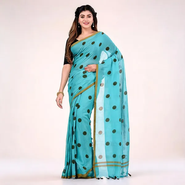 Blue_Cotton_Blend_Polka_Dot_Mulmul_Saree_For_Women