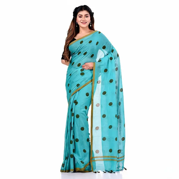 Blue_Cotton_Blend_Polka_Dot_Mulmul_Saree_For_Women