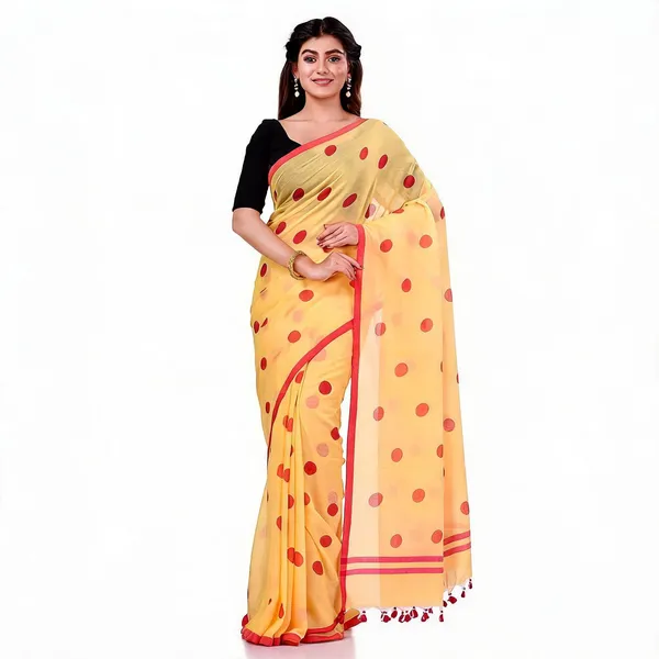 Yellow_Red_Mulmul_Cotton_Printed_Polka_Dot_Handloom_Saree_For_Women