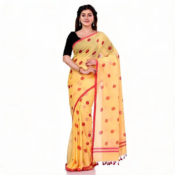 Yellow_Red_Mulmul_Cotton_Printed_Polka_Dot_Handloom_Saree_For_Women