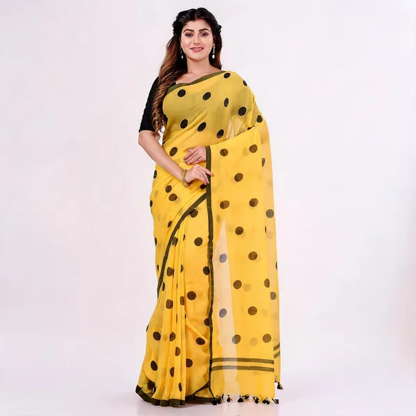 Yellow_Black_Mulmul_Cotton_Printed_Polka_Dot_Handloom_Saree_For_Women