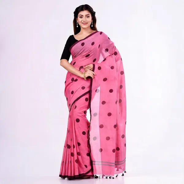 Pink_Mulmul_Cotton_Printed_Polka_Dot_Handloom_Saree_For_Women