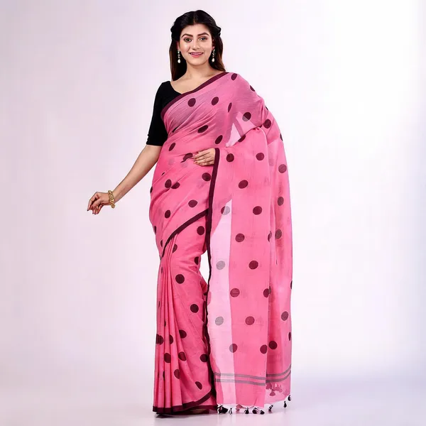 Pink_Mulmul_Cotton_Printed_Polka_Dot_Handloom_Saree_For_Women