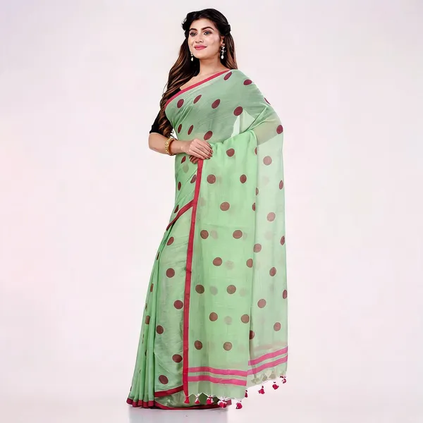 Green_Mulmul_Cotton_Printed_Polka_Dot_Handloom_Saree_For_Women