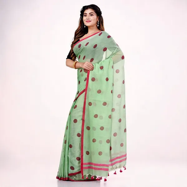 Green_Mulmul_Cotton_Printed_Polka_Dot_Handloom_Saree_For_Women